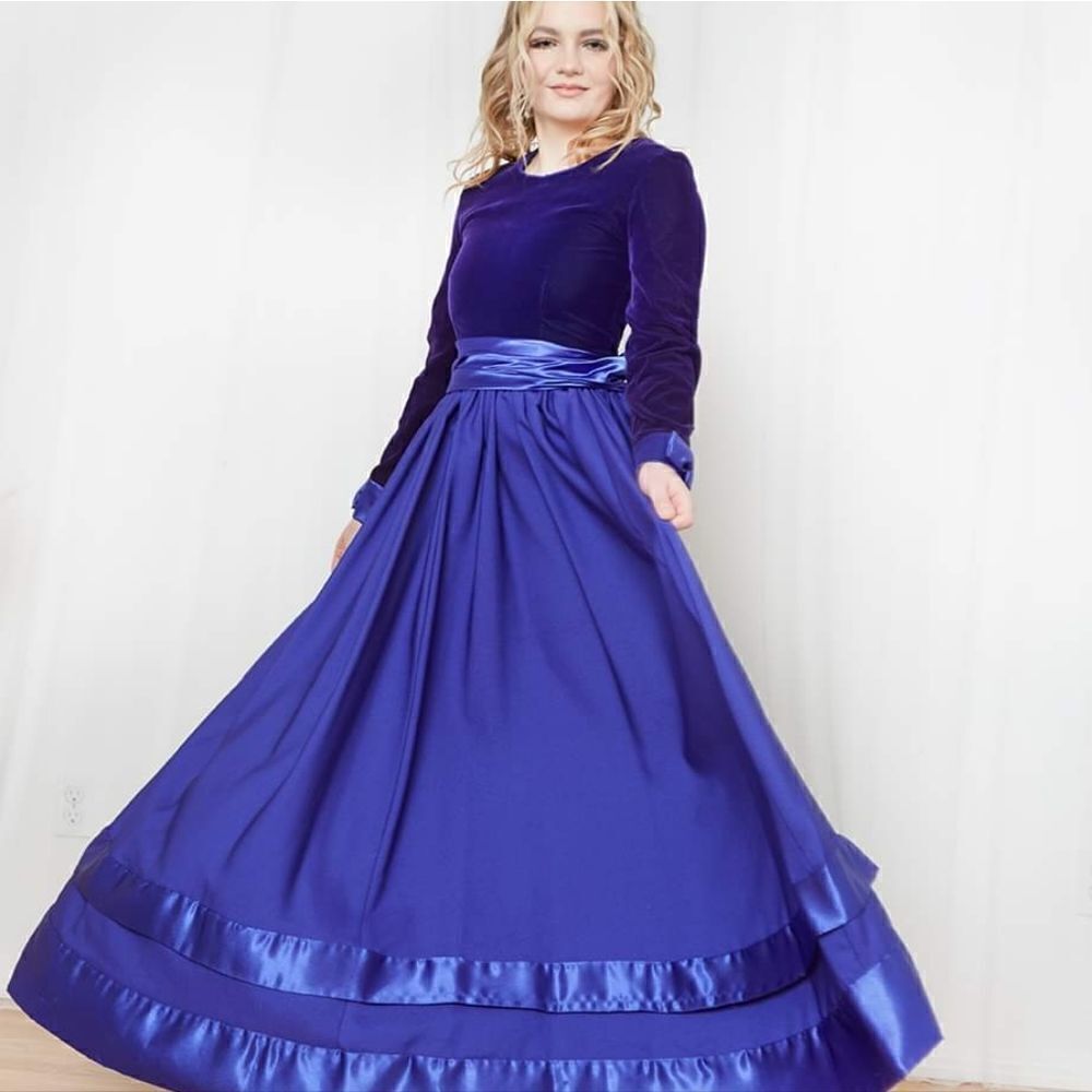 Vintage 80s Blue Velvet and Satin Full Length Gown XS  